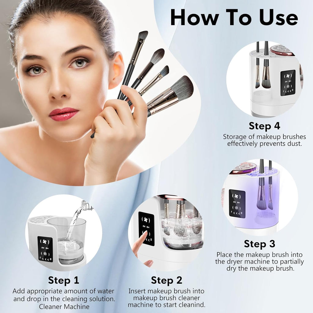 Step-by-step guide showing how to use the Beiryta electric makeup brush cleaner and dryer.