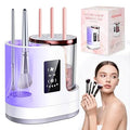 Makeup brush cleaner with brushes and a woman holding them, next to its packaging.