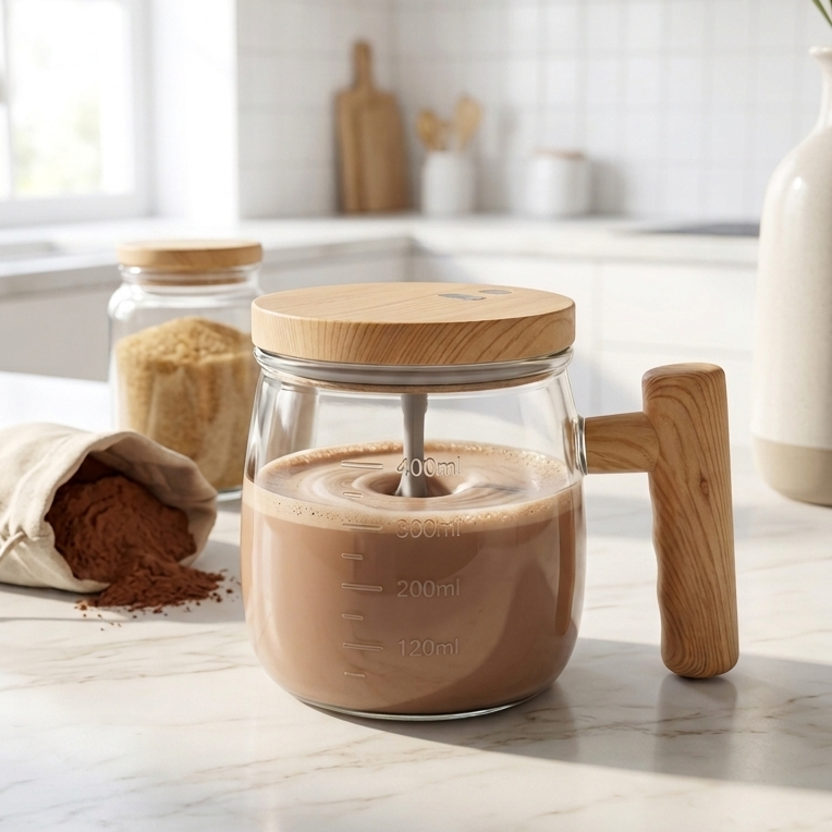 A clear glass measuring pitcher with a light wood lid and handle, filled with a light brown beverage, set on a marble countertop in a bright kitchen. A jar of sugar and a sack of cocoa powder sit nearby.