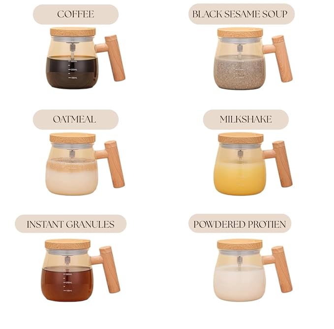 Six clear glass teapot-style containers with light wood handles and lids are arranged in a 2x3 grid on a white background, each labeled with a beverage type: Coffee, Black Sesame Soup, Oatmeal, Milkshake, Instant Granules, and Powdered Protein.