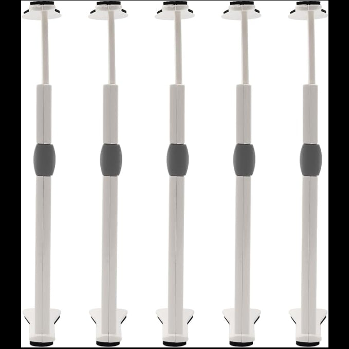 Five adjustable white support stands with gray grip bands and black tips, arranged in a row on a plain white background.