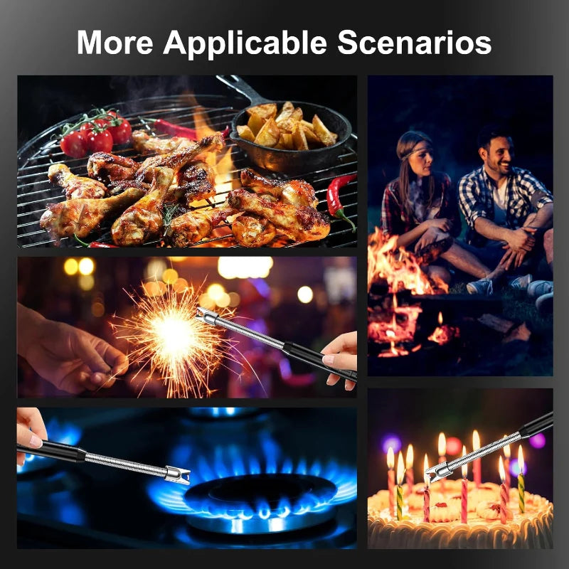Collage of scenarios including grilling, lighting a firework, sitting around a campfire, igniting a gas stove, and lighting a birthday cake.