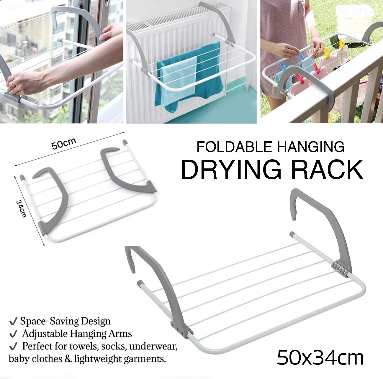 Foldable hanging drying rack shown in a composite product listing graphic. The collage includes three lifestyle usage photos at the top, a dimension diagram labeled 50cm by 34cm on the left, large text reading 'FOLDABLE HANGING DRYING RACK' in the center, and a large isolated product rendering at the bottom right.
