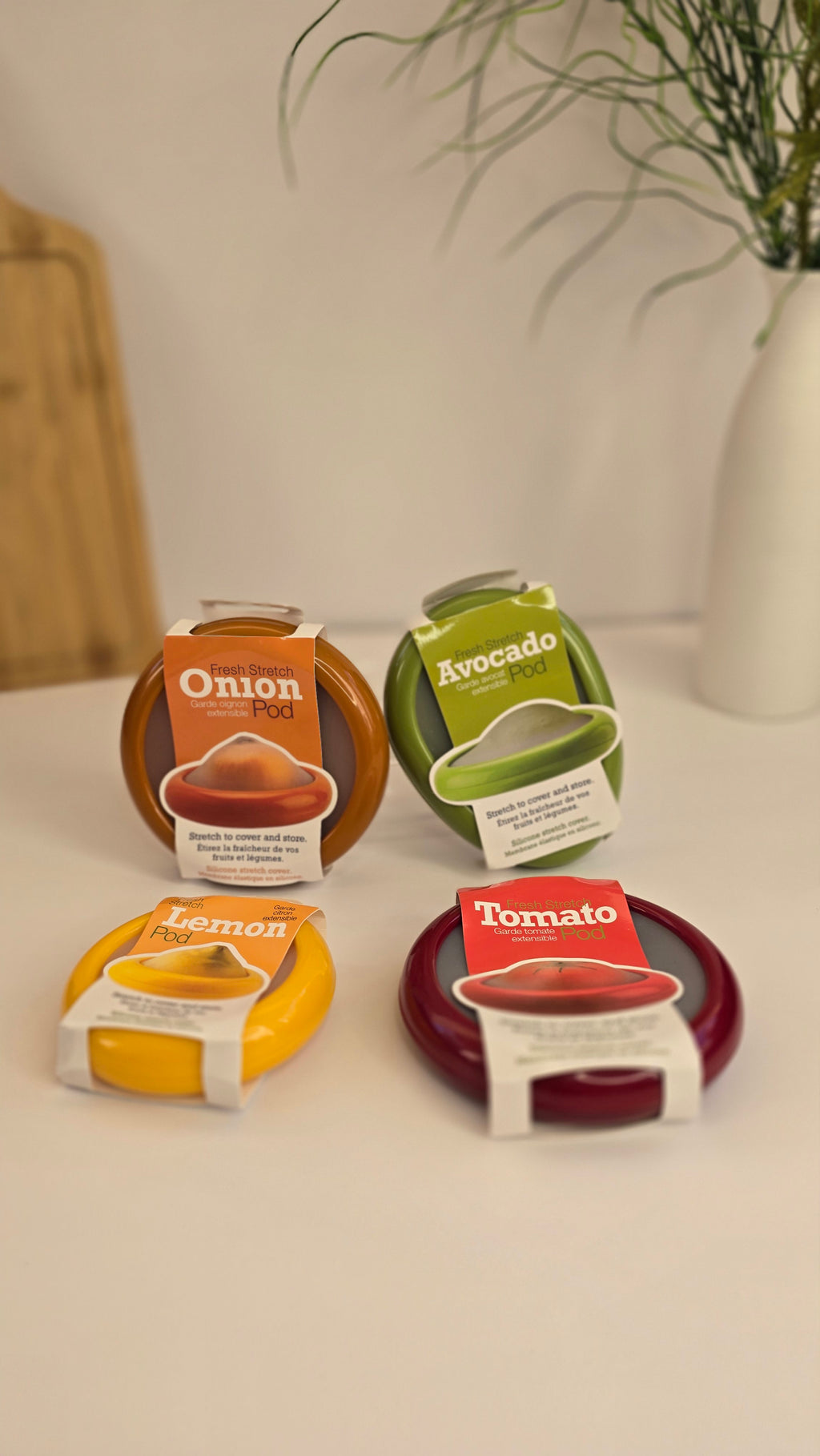 Four Beiryta produce saver pod styles for tomato, lemon, onion and avocado