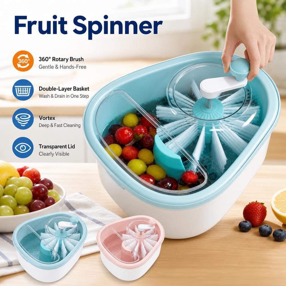 A fruit spinner cleaning device shown on a tabletop with fruit and a hand interacting with the handle. The main product is a light blue and white basin with a transparent lid and rotating brush/spinner mechanism inside.