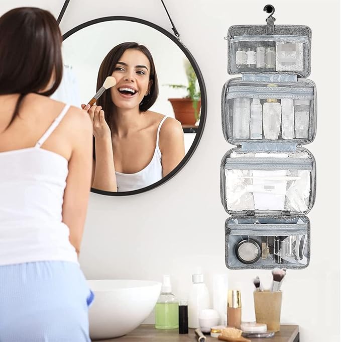 Beiryta hanging travel organizer bag hanging in a bathroom with toiletries and travel essentials.