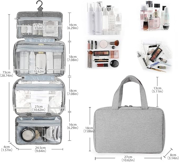 Beiryta hanging travel organizer bag showing multiple storage compartments and product dimensions.