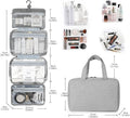 Beiryta hanging travel organizer bag showing multiple storage compartments and product dimensions.