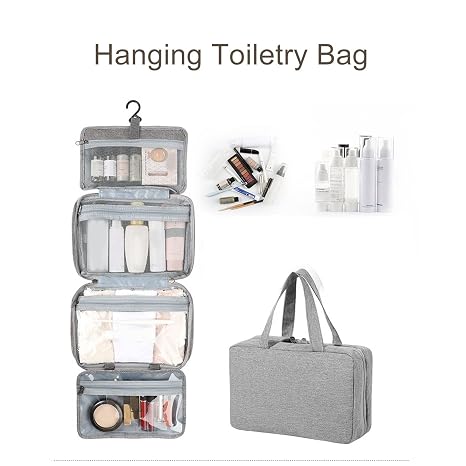 Beiryta hanging travel organizer bag featuring multiple compartments for toiletries, grooming products, cosmetics, and travel accessories.