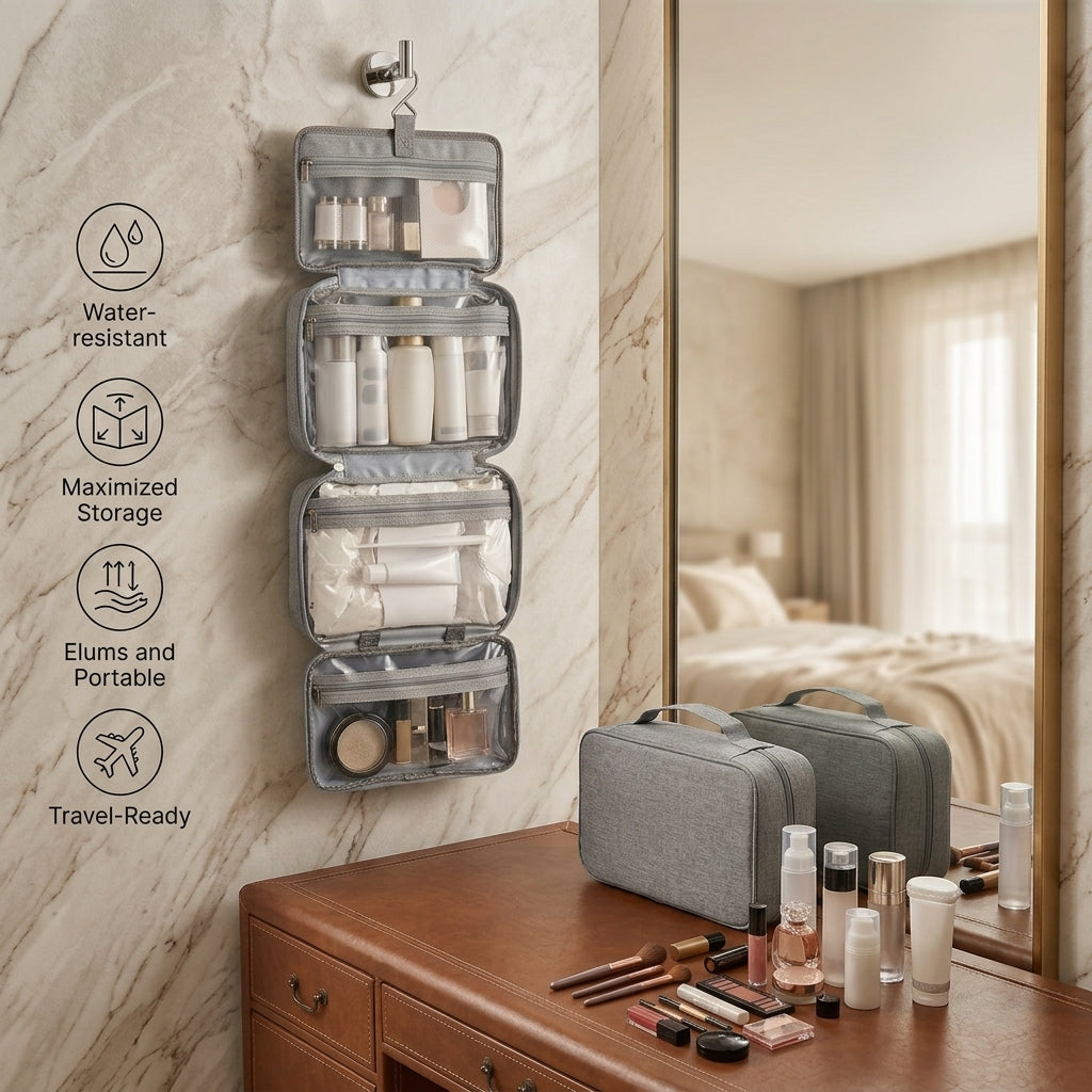 A gray fabric hanging makeup organizer with four clear zippered compartments, shown hanging on a bathroom wall above a vanity. The image includes feature callouts on the left and a mirror reflecting a bedroom in the background.