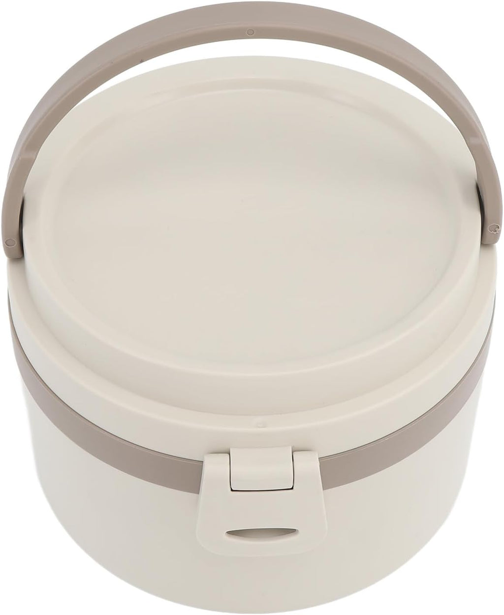 A round insulated lunch container with a matching lid and carry handle, shown on a plain white background. The container has a warm off-white body with taupe-gray accents on the handle, band, and latch.
