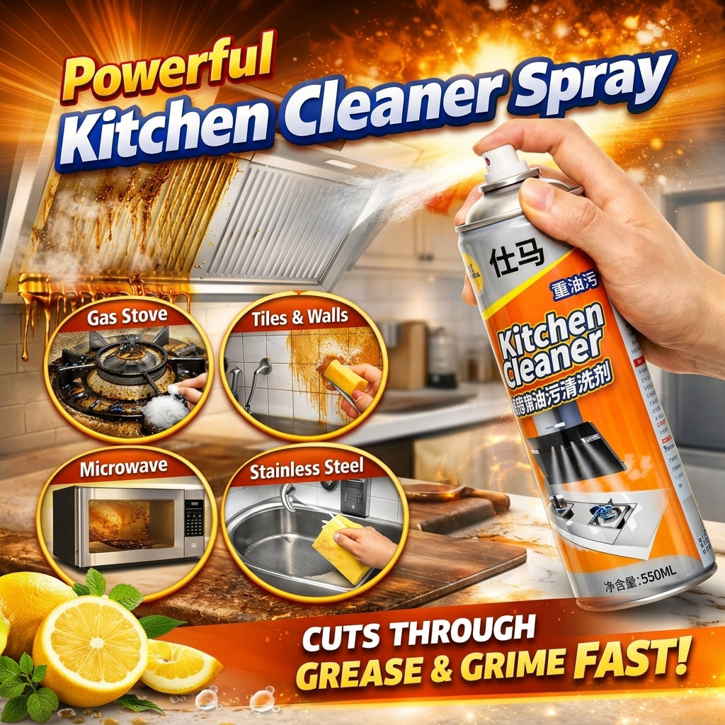 A hand holds a can of kitchen cleaner spray in front of a burnt gas stove and kitchen scene, with text reading 'Powerful Kitchen Cleaner Spray' and circular usage examples for gas stove, tiles & walls, microwave, and stainless steel.