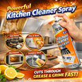 A hand holds a can of kitchen cleaner spray in front of a burnt gas stove and kitchen scene, with text reading 'Powerful Kitchen Cleaner Spray' and circular usage examples for gas stove, tiles & walls, microwave, and stainless steel.