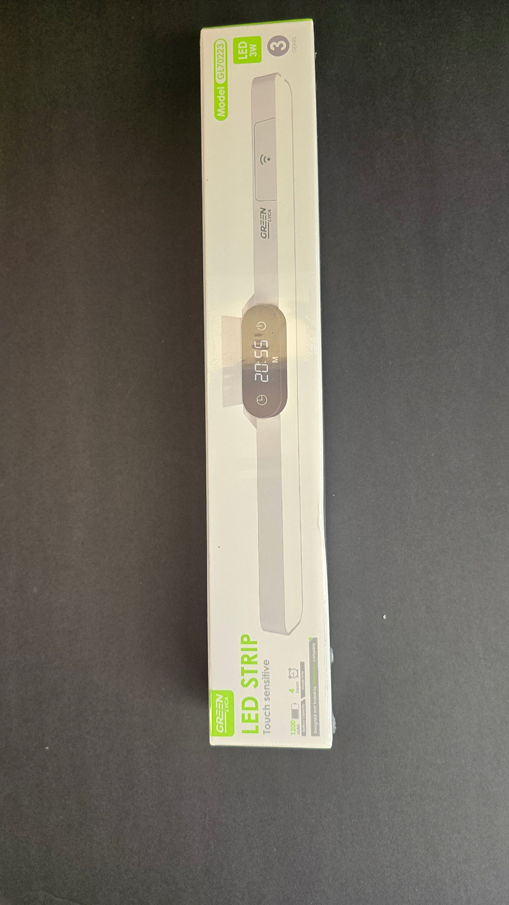 Packaging for the rechargeable LED light bar with digital clock and touch controls