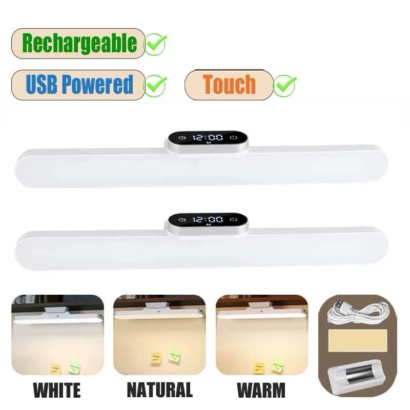 Rechargeable touch-controlled LED light bar with warm, natural and white light settings