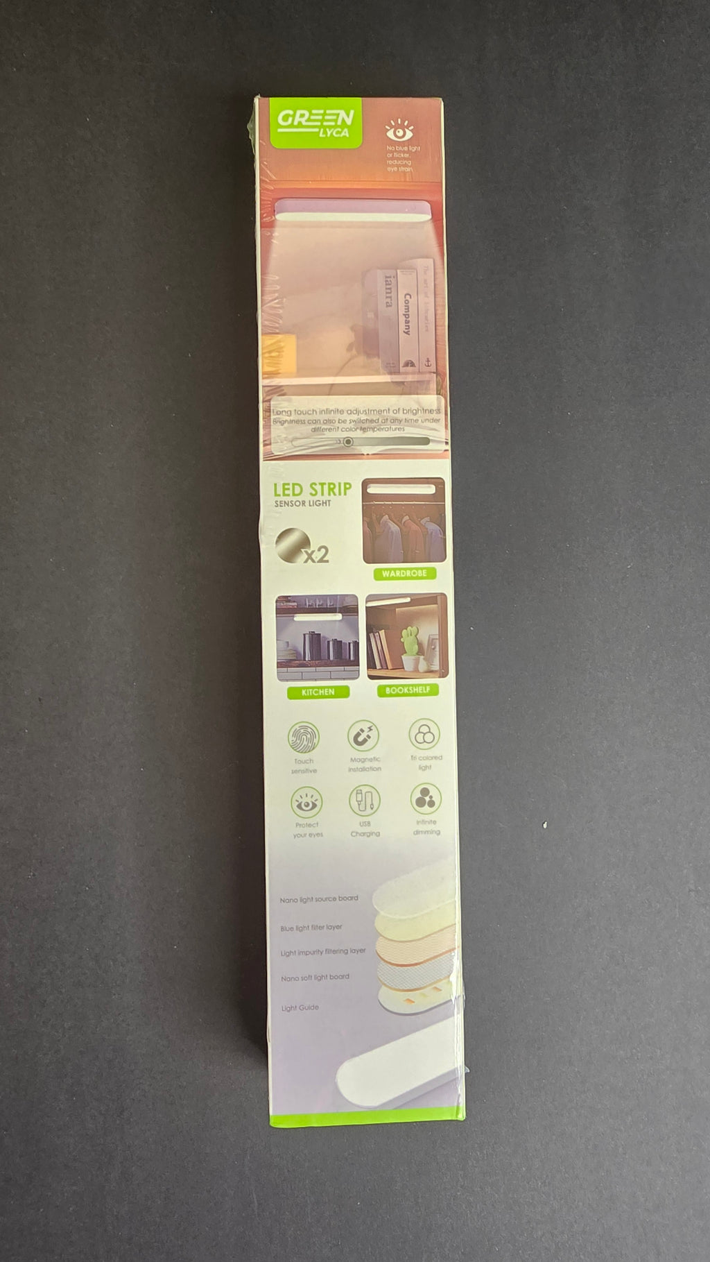 LED strip light packaging showing magnetic mounting, USB charging, touch dimming and three light colors