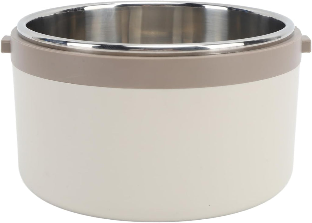 Stainless steel bowl with beige exterior on a white background