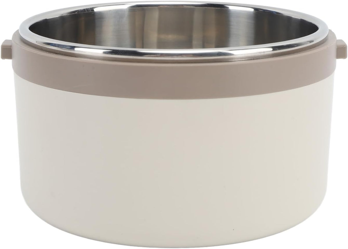 Stainless steel bowl with beige exterior on a white background