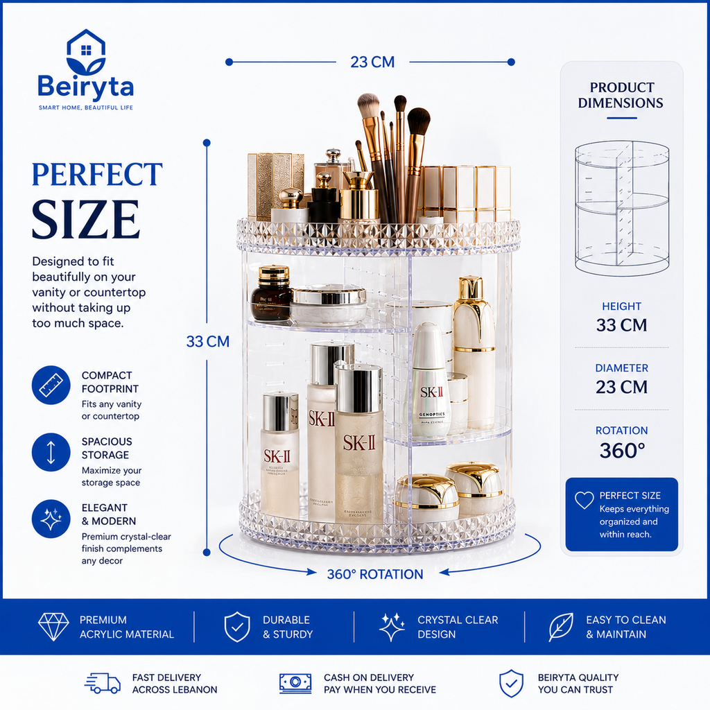 Dimensions of the 360° Rotating Makeup Organizer showing 33 cm height, 23 cm diameter and smooth rotating base.