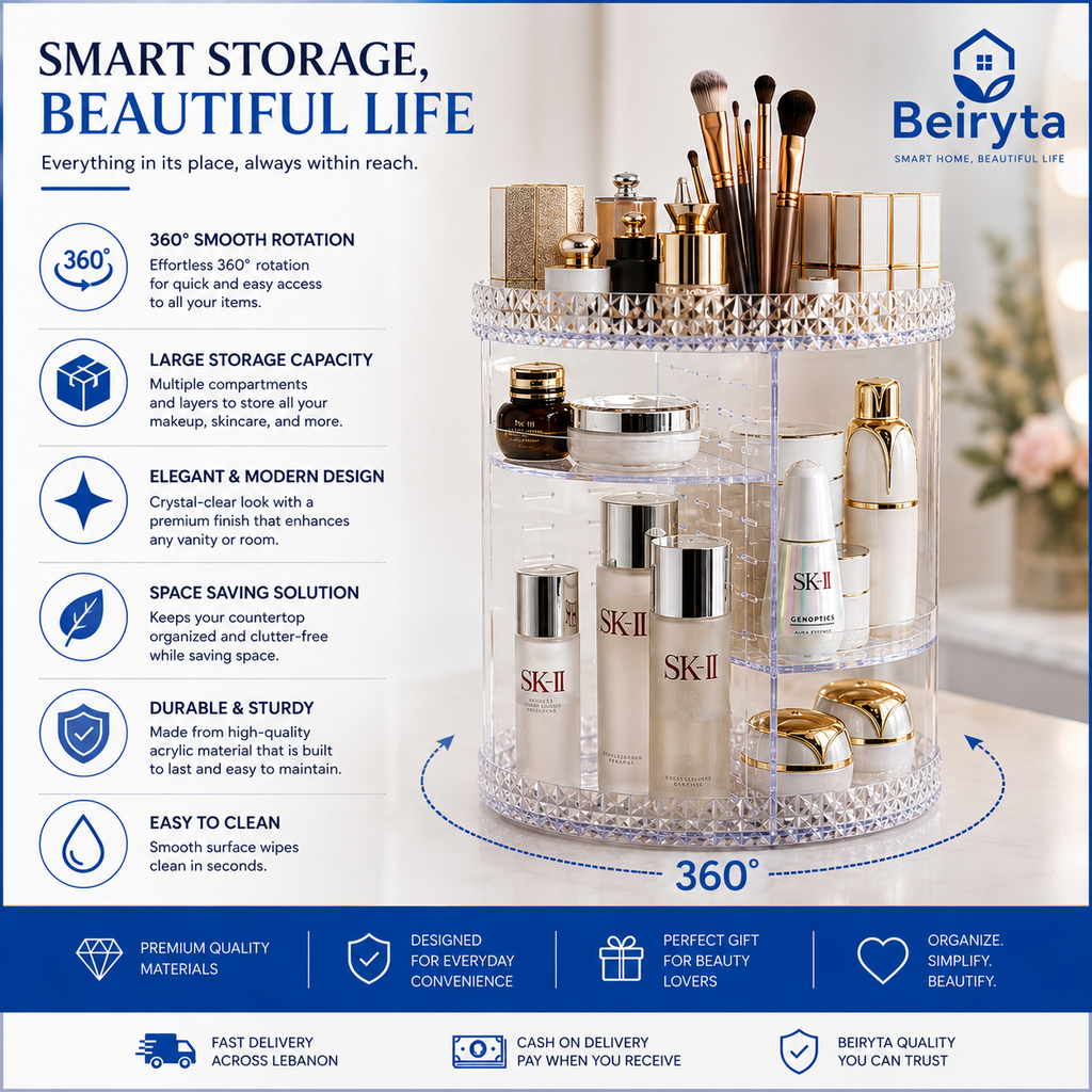 360° Rotating Makeup Organizer with large storage capacity, multiple compartments and space-saving design.