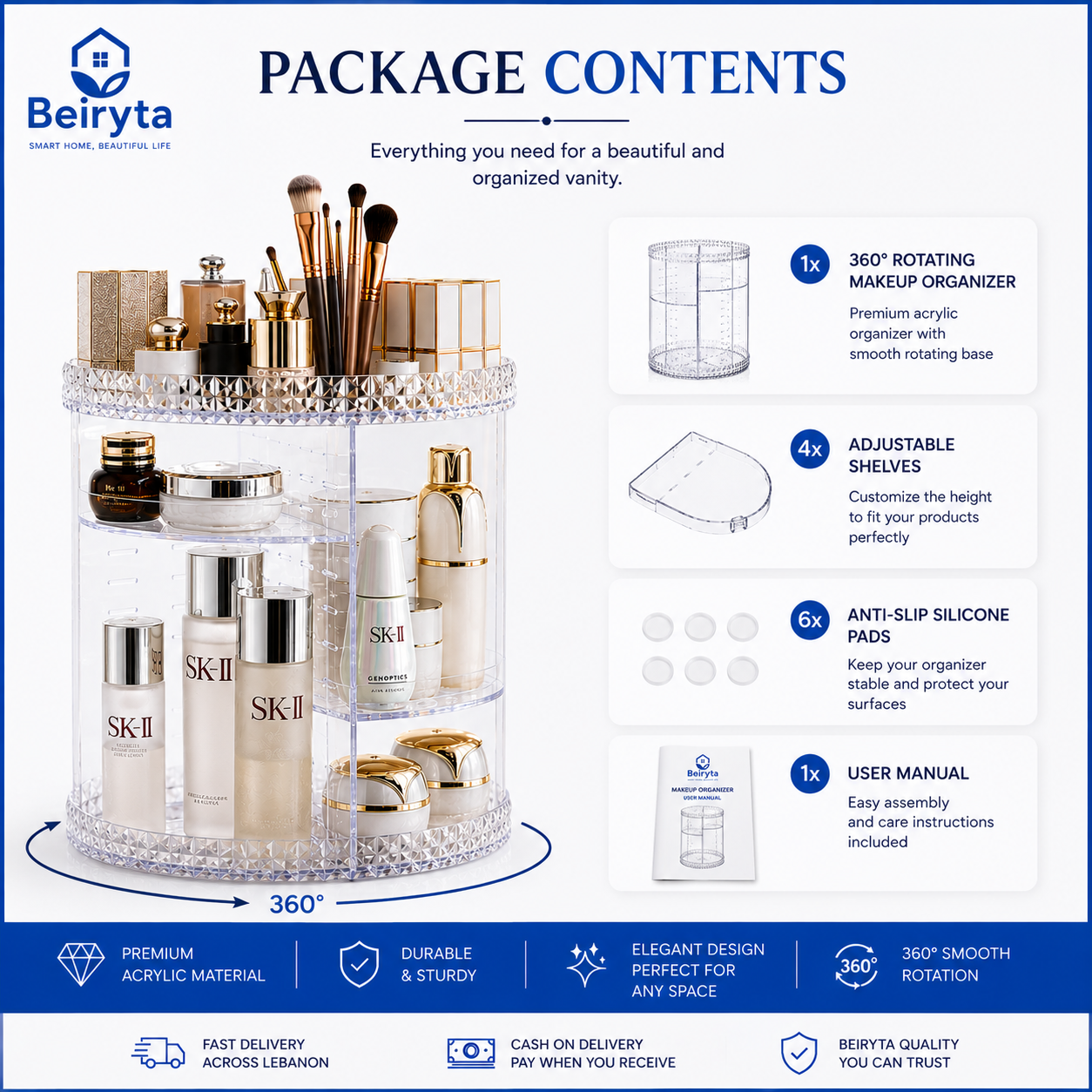 Package contents of the Beiryta 360° Rotating Makeup Organizer showing organizer, shelves, silicone pads and user manual.