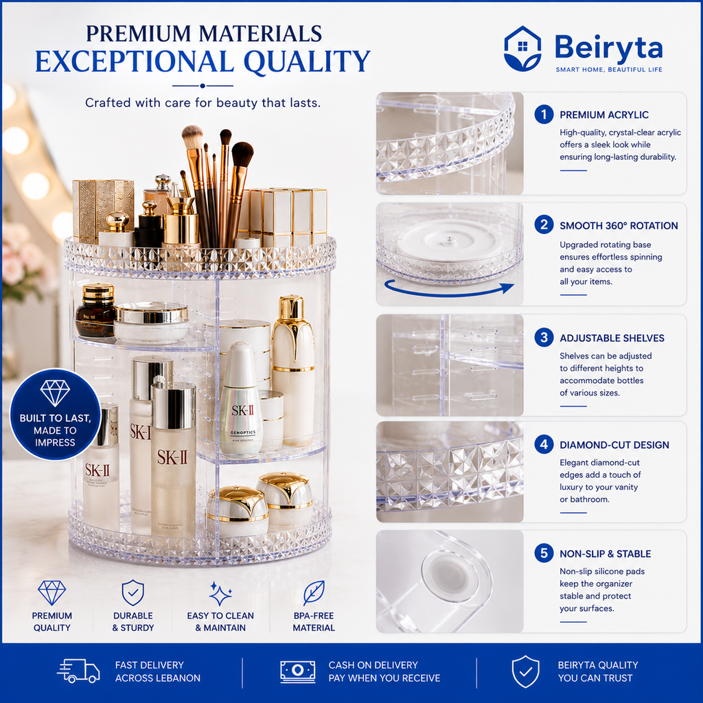 Premium acrylic 360° rotating makeup organizer with adjustable shelves, non-slip base and crystal-clear finish.