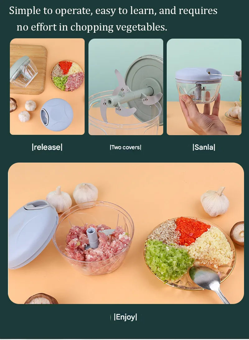Instructions showing how to use the pull-cord manual food chopper