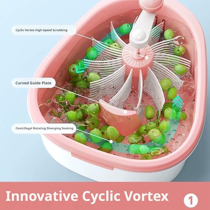 Pink and white manual grape presser with a circular vortex design, shown filled with green grapes and overlaid with feature callout labels on a light blue background.