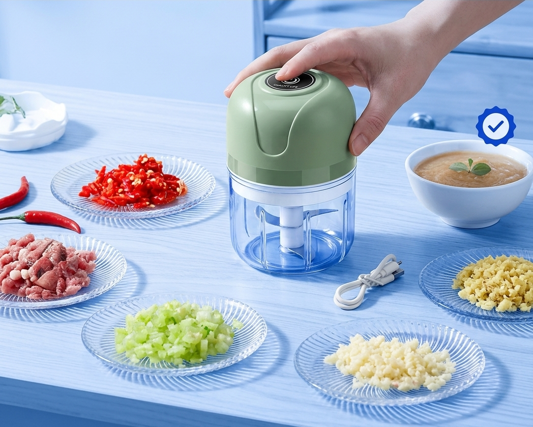 A hand is pressing the lid of a small electric food chopper, which has a sage green top and a clear blue container. The chopper is set on a light blue table surrounded by plates of chopped ingredients, including red chili peppers, minced meat, celery, garlic, and a bowl of soup, with its charging cable nearby.