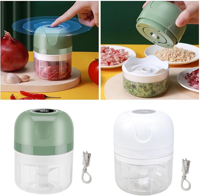 Rechargeable mini food chopper shown in green and white with examples of chopped ingredients