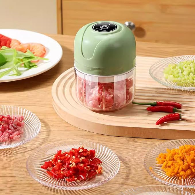 Beiryta mini food chopper surrounded by chopped garlic chili vegetables and small food portions