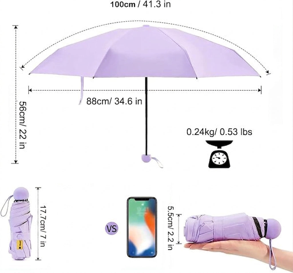 A product infographic showing a light purple umbrella with dimensions, weight, and size comparisons. The main image shows the fully opened umbrella with measurements of 100cm in width and 56cm in height, plus a small scale reading 0.