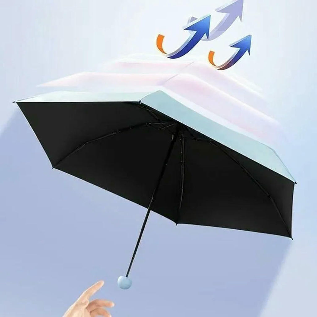A black umbrella with a light blue underside is shown open against a pale blue background, with abstract upward arrows and a small hand visible near the handle.