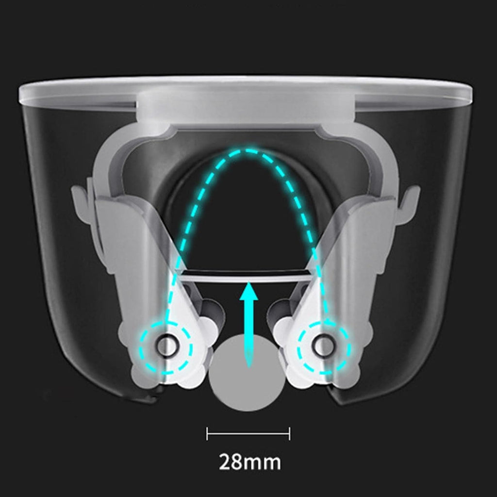 Technical product diagram showing a transparent protective cup or mask-like container with a white inner frame, cyan arrow and dashed arc indicating fit or movement, and a 28mm measurement label on a dark background.