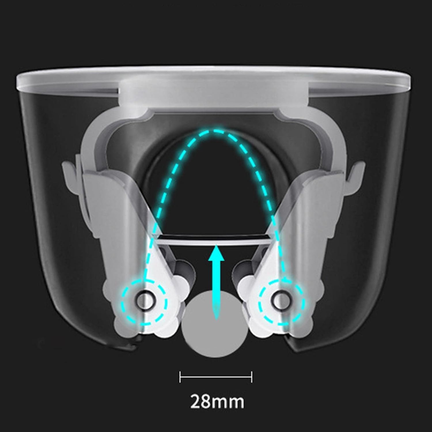 Technical product diagram showing a transparent protective cup or mask-like container with a white inner frame, cyan arrow and dashed arc indicating fit or movement, and a 28mm measurement label on a dark background.