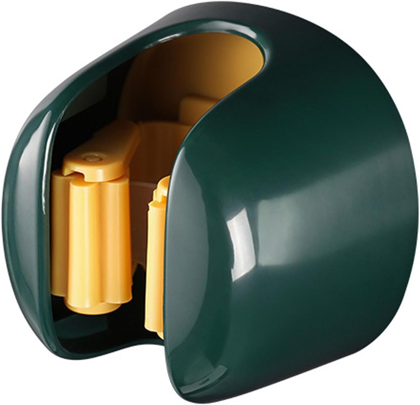 Green and gold cylindrical object on a white background