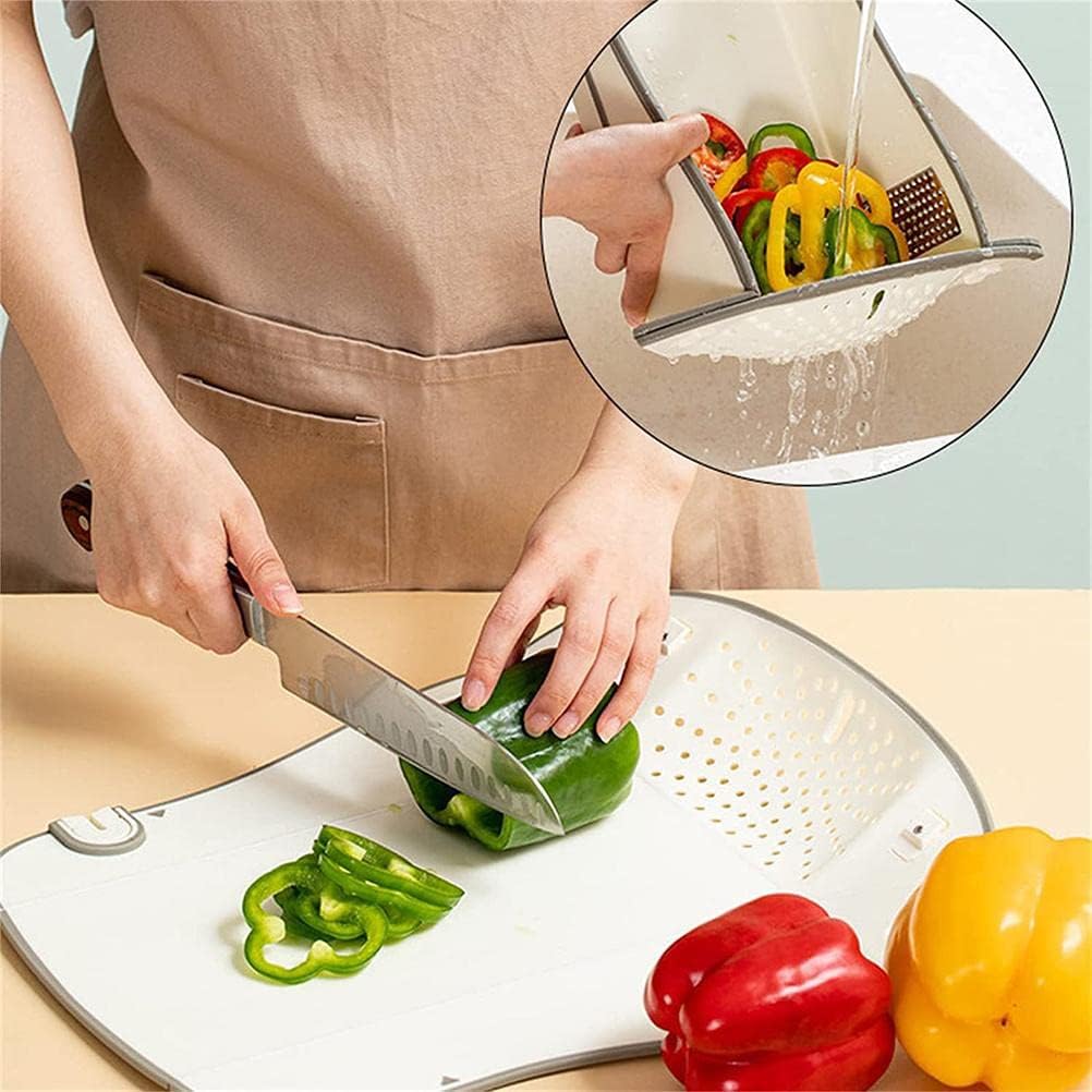 Beiryta multifunctional foldable cutting board shown flat with integrated grater and drainage section