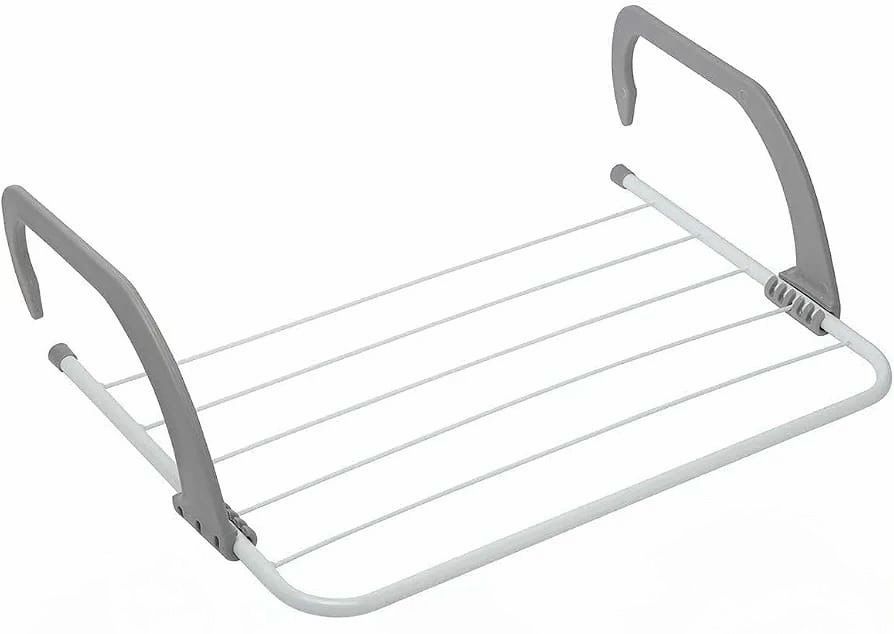 A white and gray plastic and metal clothes drying rack with six horizontal bars and two curved support arms, shown on a plain white background.