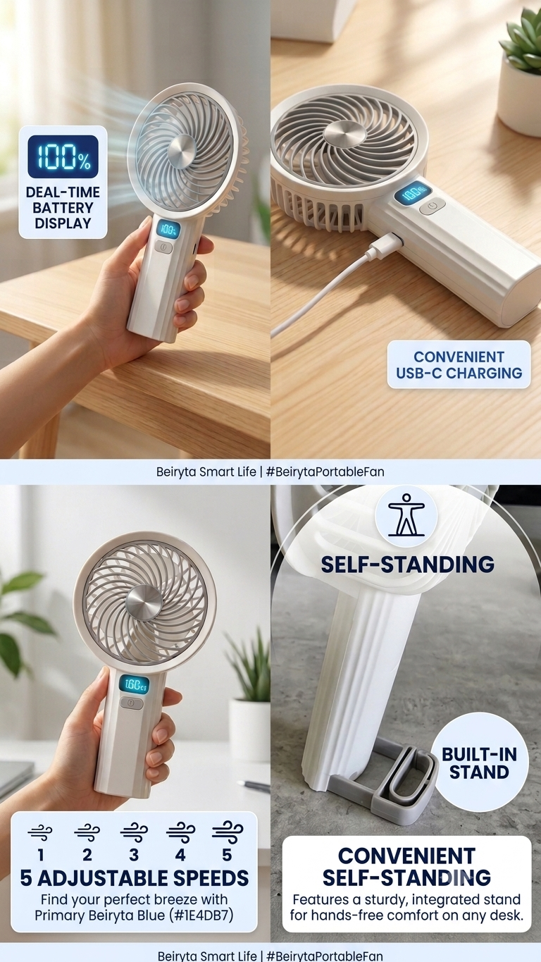 A four-panel marketing collage for a portable handheld fan. A hand holds the fan in a kitchen setting, showing the front view with a digital battery percentage display.