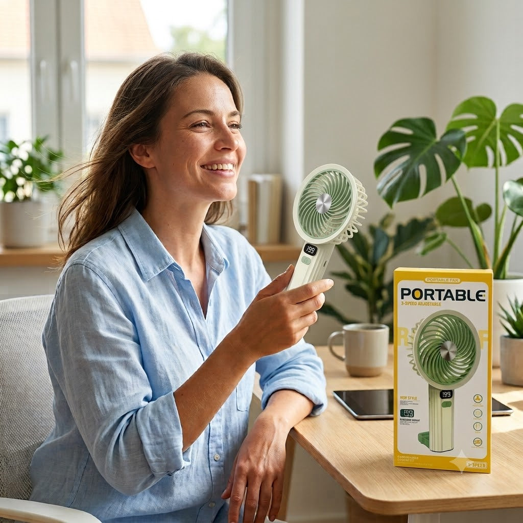 A woman in a light blue shirt holds a portable green and white desk fan next to its yellow packaging box on a wooden table in a bright, modern room with plants.