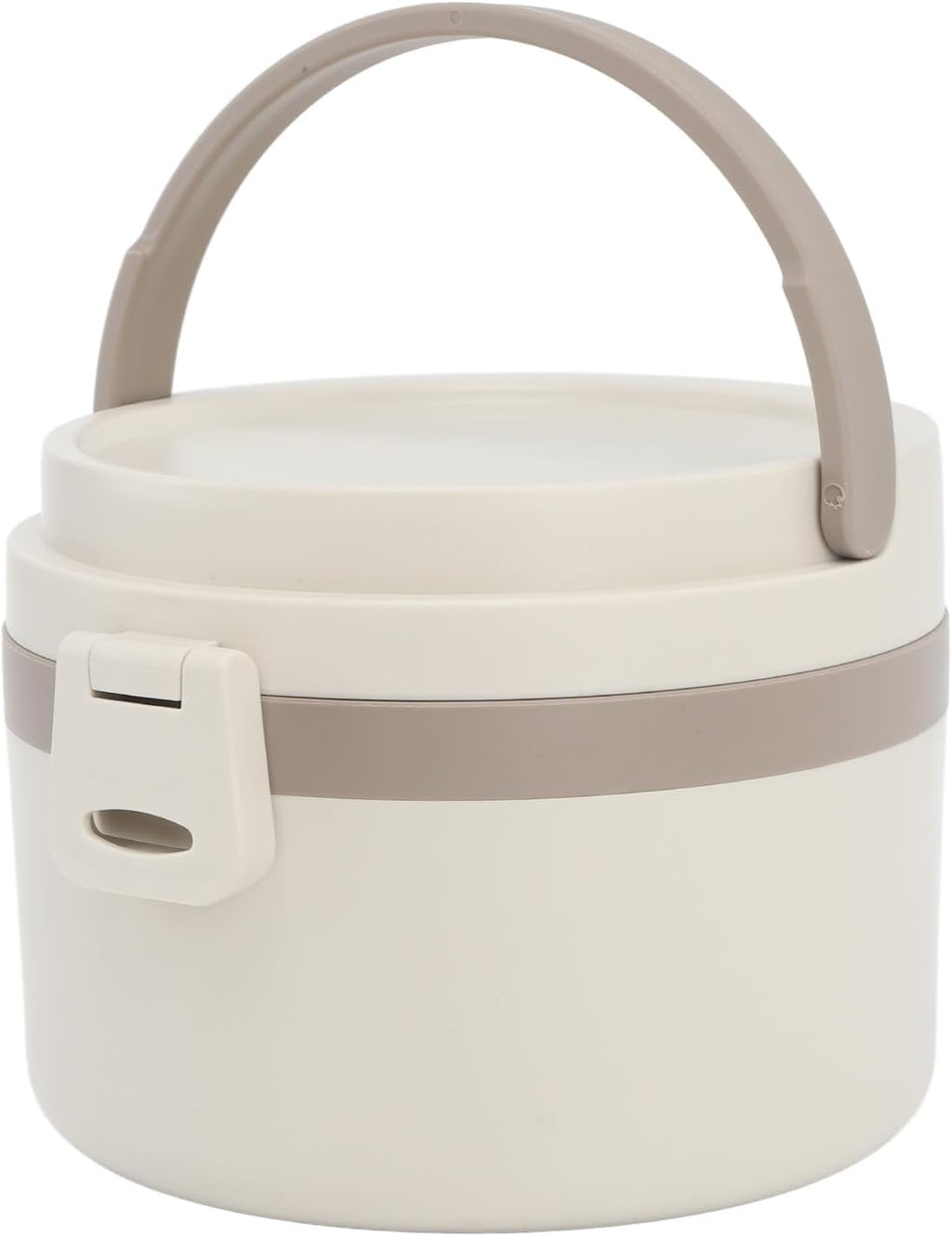 An off-white insulated lunch box with a matching lid and handle, featuring a taupe-gray band around the middle and a white latch on the front, shown against a plain white background.