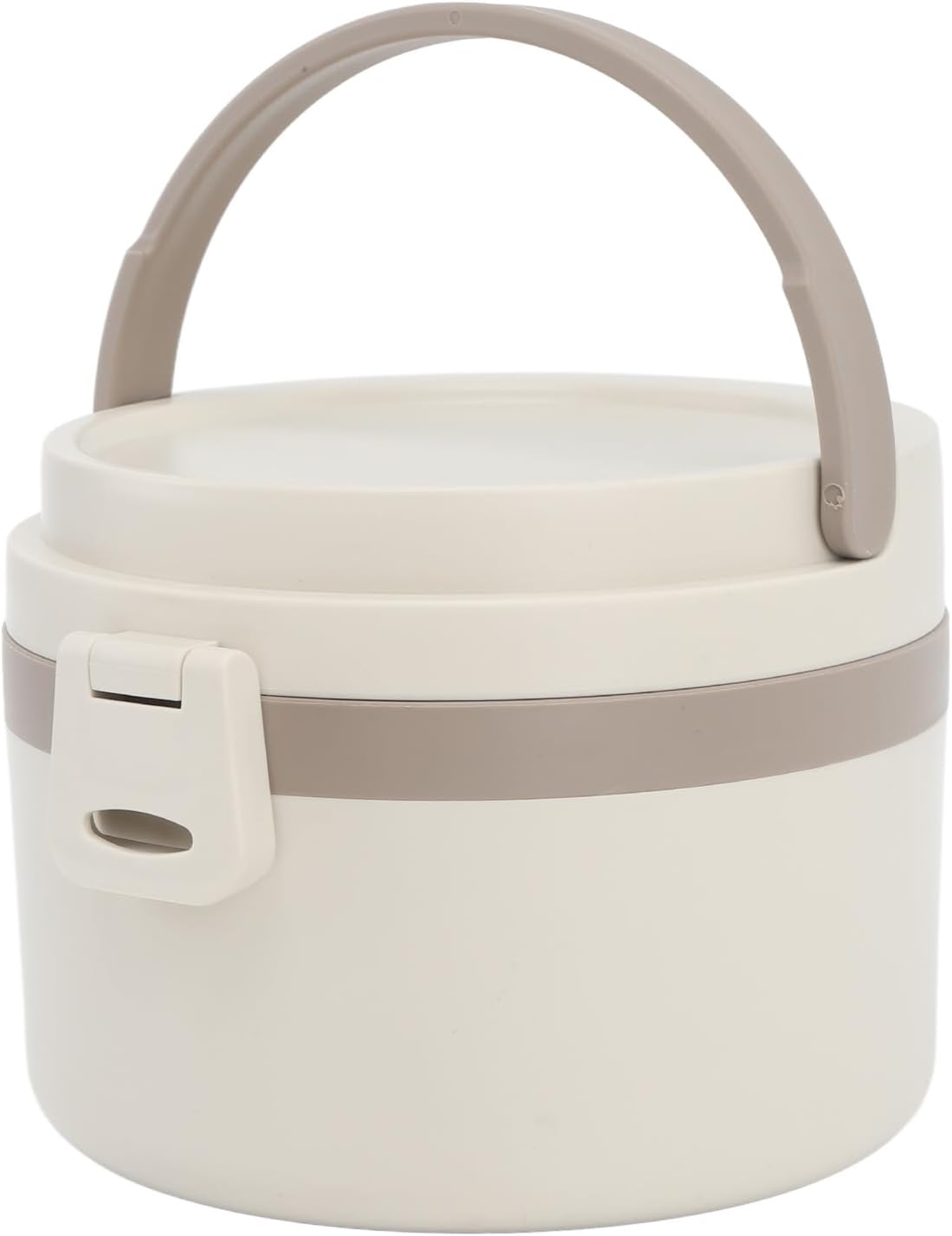 An off-white insulated lunch box with a matching lid and handle, featuring a taupe-gray band around the middle and a white latch on the front, shown against a plain white background.