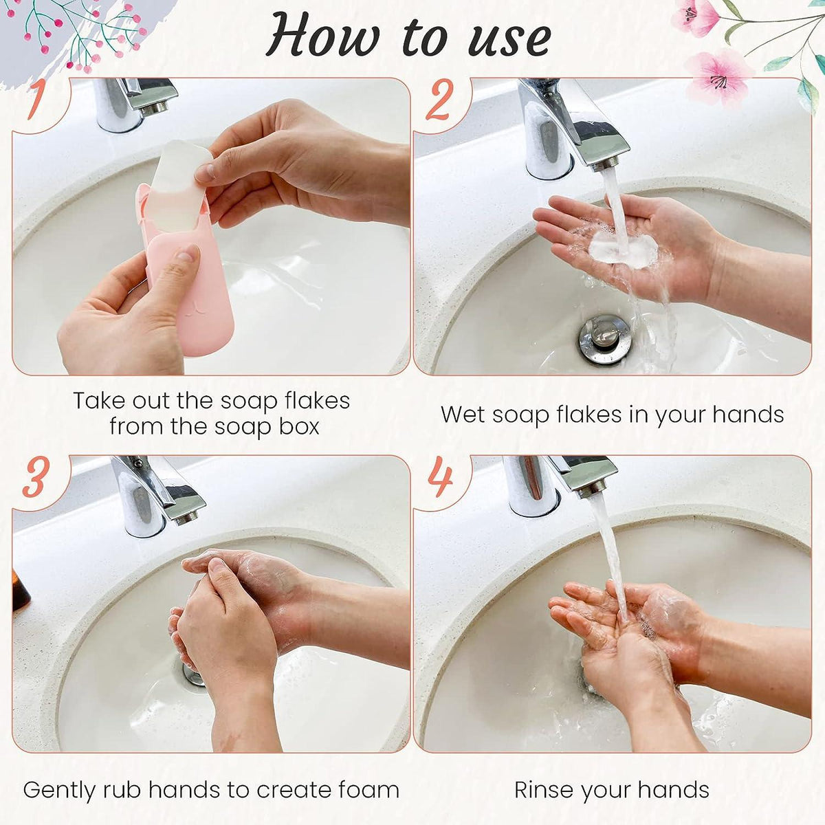 A four-step handwashing instruction graphic titled 'How to use' showing hands using a small pink soap box to wet soap flakes and wash hands in a sink.