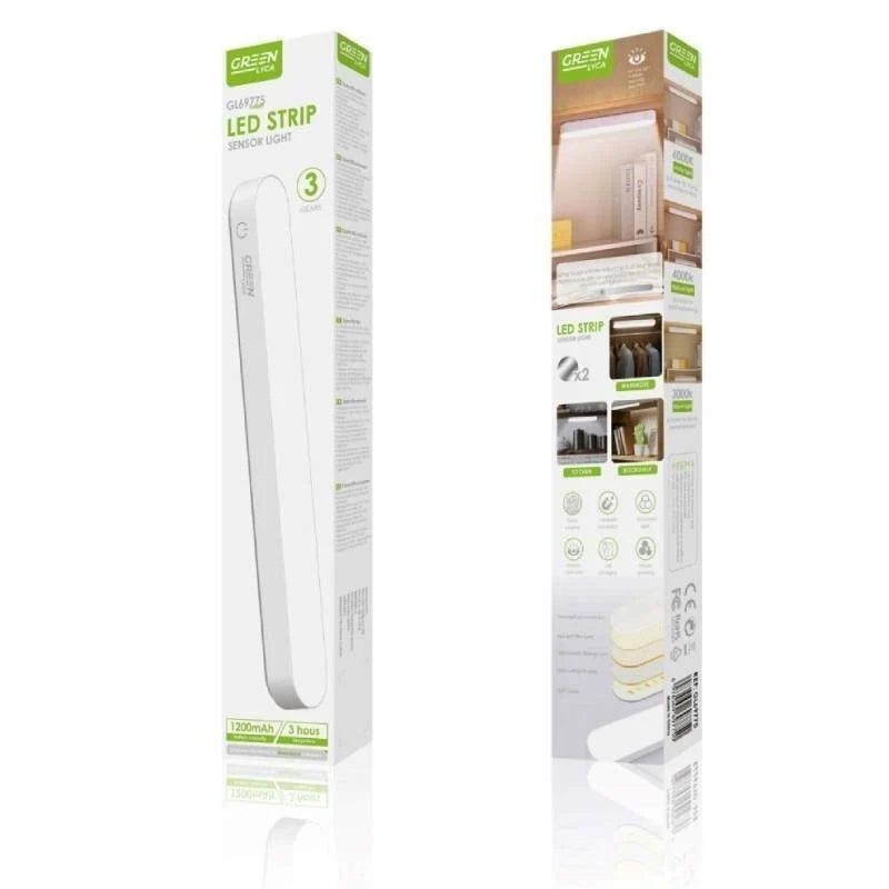 White rechargeable touch-sensitive LED strip light for cabinets, shelves and wardrobes