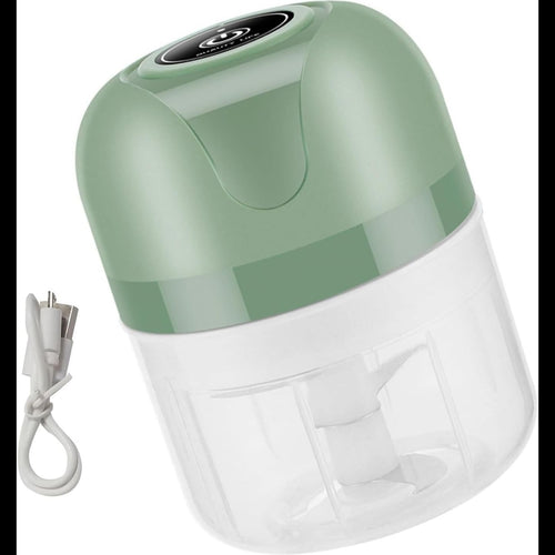 A small electric food chopper with a sage green top and a clear plastic container, shown with its white power cord on a white background.
