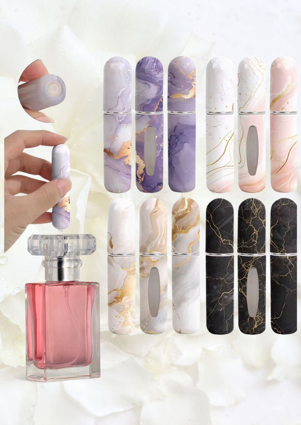 Refillable travel perfume atomizers in assorted marble-effect designs