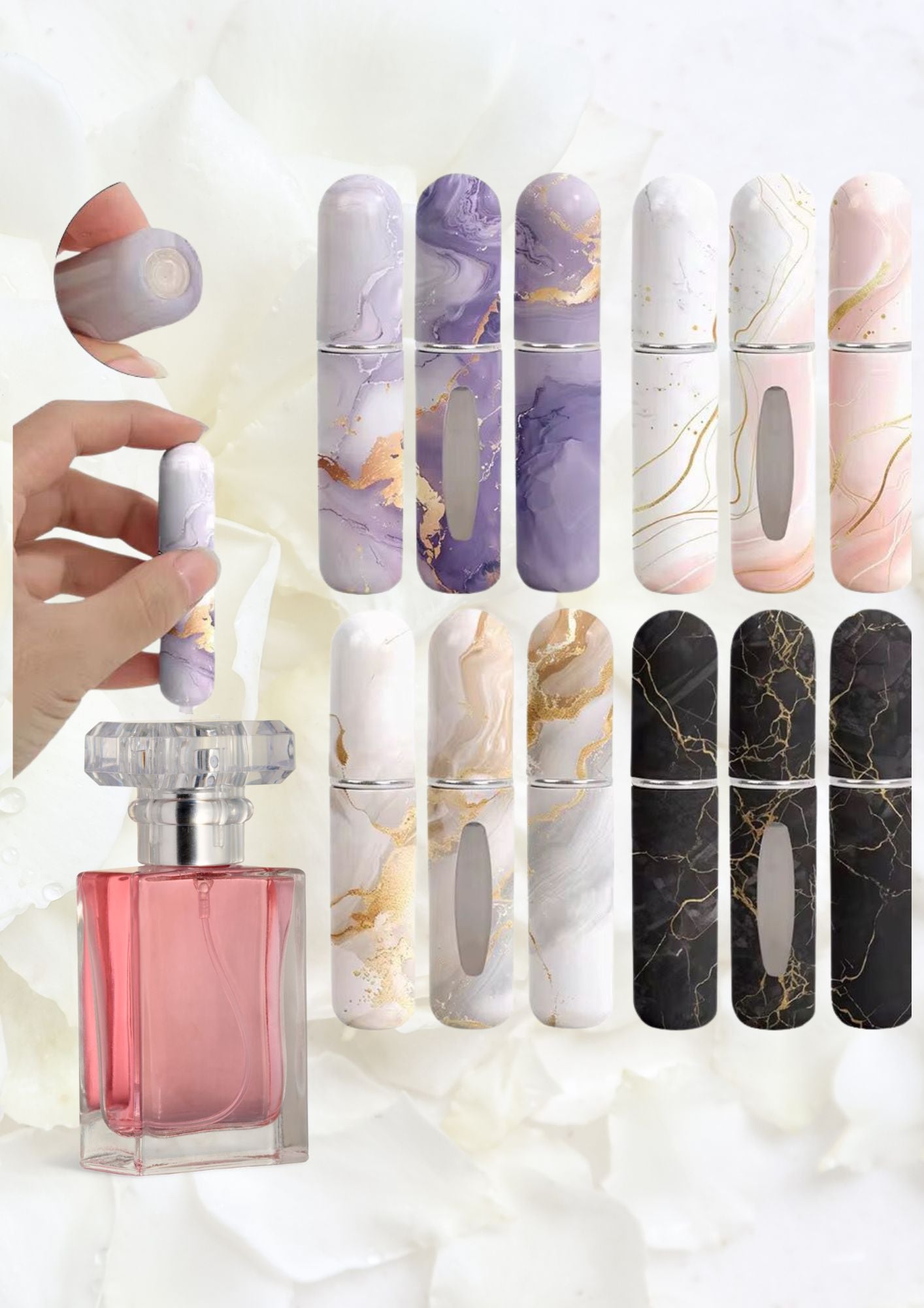 Refillable travel perfume atomizers in assorted marble-effect designs