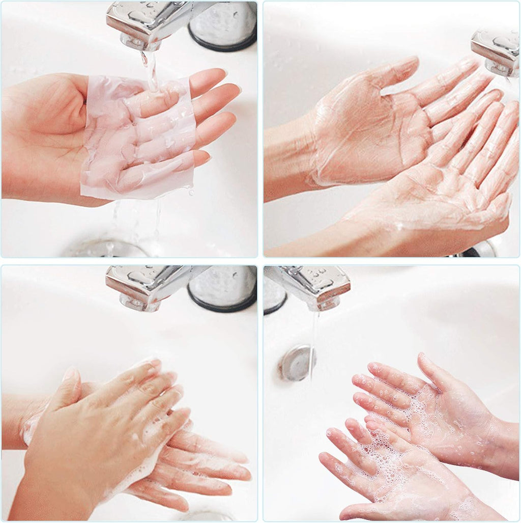 A four-panel collage demonstrating hands washing under running water. Each panel shows a hand holding a translucent, flexible sheet-like barrier over the palm while washing, likely illustrating a protective hand covering or barrier film.