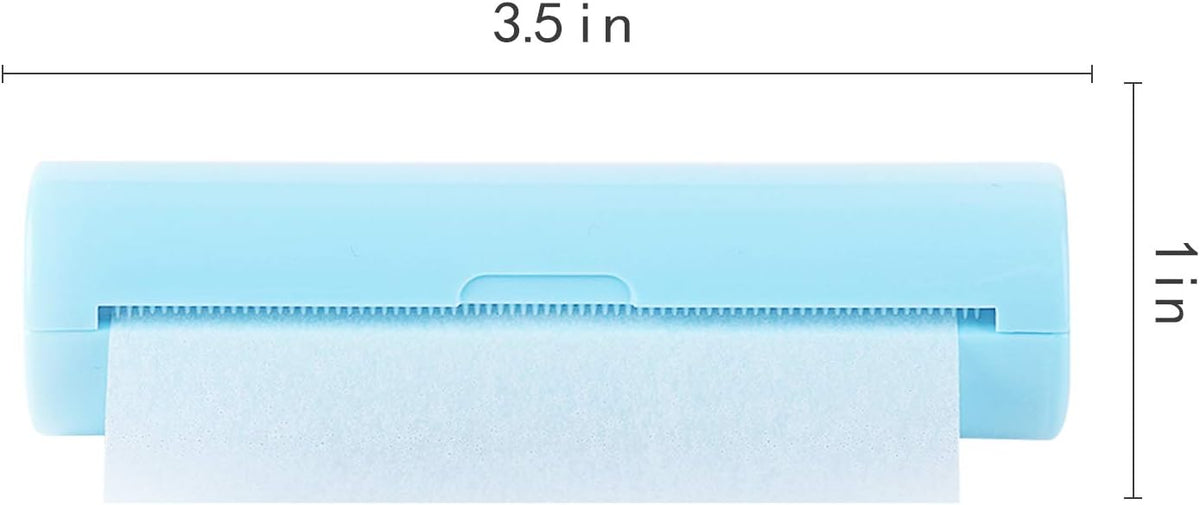 A light blue cylindrical dispenser or holder with a white sheet partially pulled out, shown on a white background with dimension labels reading 3.5 in across the top and 1 in along the right side.