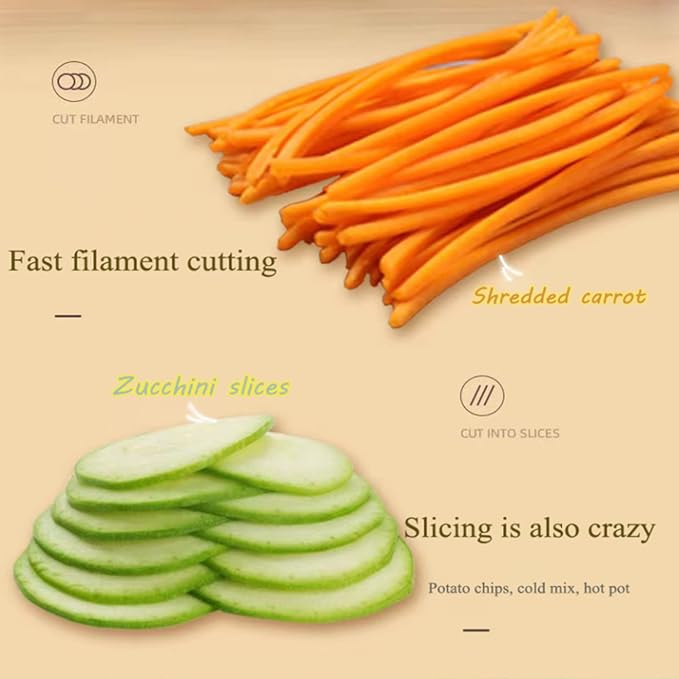 A promotional graphic showing two food preparation examples on a beige background: shredded orange carrots labeled 'Shredded carrot' and sliced light green zucchini slices labeled 'Zucchini slices,' with text describing fast filament cutting and slicing.